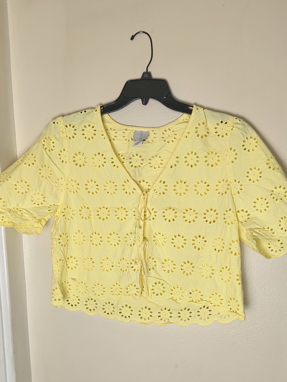 Yellow Eyelet cropped tie front blouse